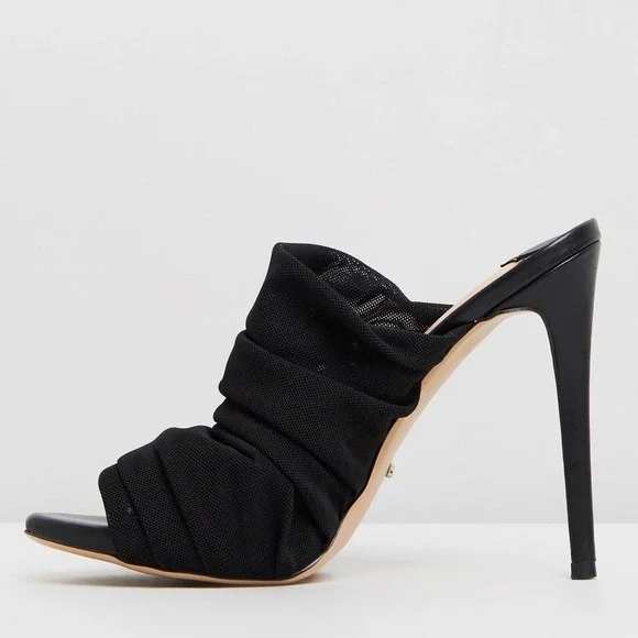 Tony Bianco Black Adee Mesh Ruched High Heel Mules - Picture 3 of 14